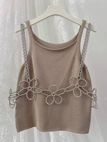 DEKUNER 1pc Cute Pearl Flower Camisole, Available In 4 Colors, Minimalist Design, Suitable For Daily Wear, Party And Vacation - Black - View 10