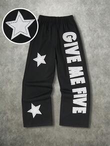 1pc Boys' Casual Street Vintage "Give Me Five" & Pentagram Embroidered Straight Leg Pants, Spring/Summer - Black - View 8