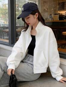 Chaqueta de mujer Chaqueta deportiva corta para mujer Primavera/Otoño Novedad Chaqueta de béisbol Cardigan informal y estilizado Top holgado y versátil Cremallera Cuello alto con bolsillos Chaqueta de béisbol de color liso Prenda exterior informal y holgada para mujer - Blanco - Ver 6