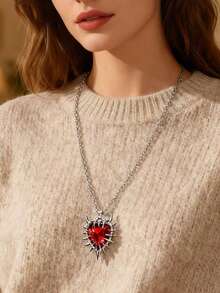 1件哥特式红色心形荆棘十字架项链，朋克风格魅力饰品 - 紅色 - 查看 2
