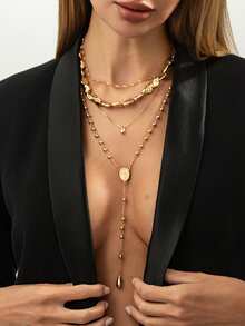 1 Set Of 4pcs Minimalist Asymmetrical Shape CCB Beaded Metal Water Drop Pendant Necklace Set, Fashionable High-End Personalized Long Water Drop Pendant CCB Beaded Necklace Set, Suitable For Women's Daily, Vacation, And Party Wear - Gold - View 1