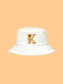 儿童白色彩色向日葵字母图案遮阳帽，26个字母可定制，时尚优雅多功能轻便防紫外线渔夫帽，适合作为生日/节日礼物，男孩/女孩户外日常、钓鱼、徒步旅行、休闲、上学等场合佩戴。 - 白色 - 查看 18