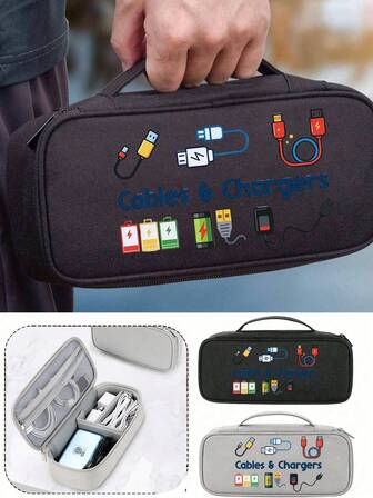Travel Bag,Electronics Organizer Travel Case With Printed Data Cable And Power Bank Graphics, Carrying Bag For Travel Essentials - Multi-Compartment Digital Storage Bag With Zipper Closure, Portable Electronic Accessories Organizer For Charging Cables, External Hard Drives And Power Bankscharger Case Power Bank Phone Charger Digital Camera Accessories Ideal For Business Travelers Back To School Supplies