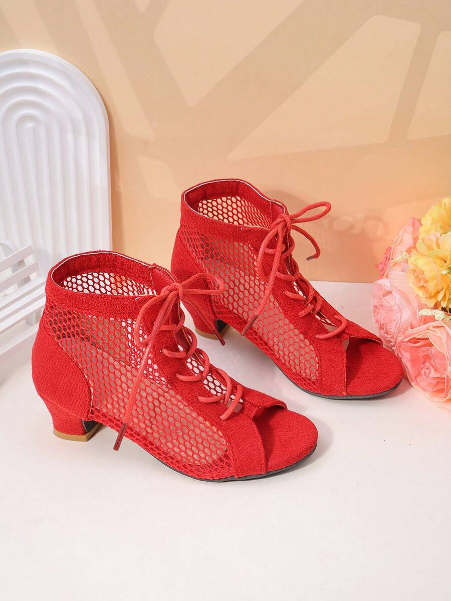 1 par de sandalias de tacón bajo con abertura en los dedos, de malla roja y cordones, para niñas mayores, transpirables, para fiestas y eventos - Rojo - Ver 1