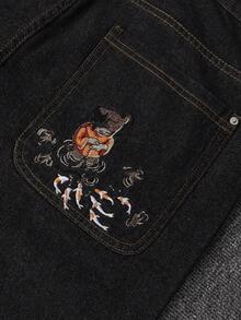 Pocket Embroidery Loose Fit Jeans Loose Wide Leg Jeans With Fish Embroidery Design Personalized Embroidery Jeans With Character Design Street Hip-Hop Rock Jeans Suitable As A Gift For Boyfriend, Husband On Holidays - Black - View 4