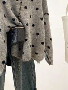 Women's Casual Polka Dot Knit Sweater, Long Sleeve Ribbed Knit Loose Fit Top, Slightly Stretchy, Suitable For Winter, Polka Dot Blouse - Grey - View 5