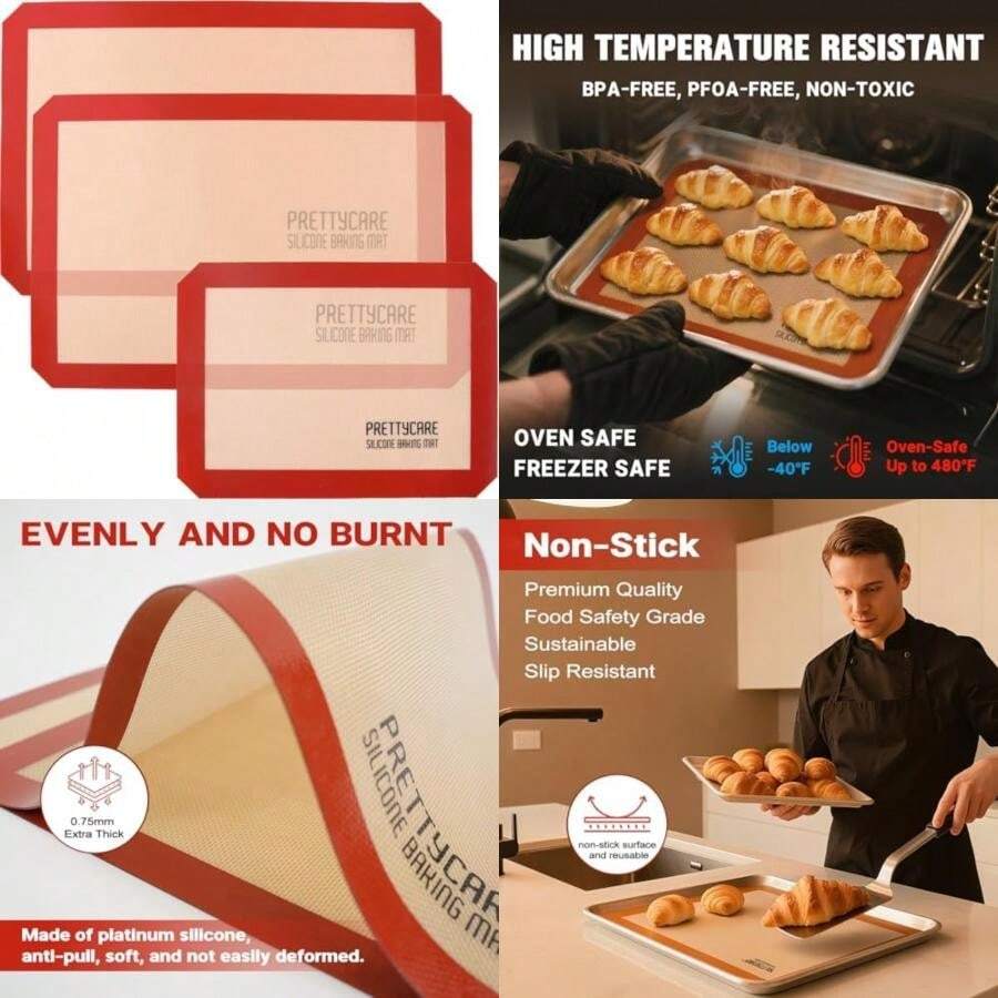 Silicone Baking Mat Set by PrettyCare ( 2 pack of 16.5"x11.5" and 1 pack of 16.5"x11.5") Non Stick Cookie Sheets and Silicon Liner for Bake Pans & Toaster Oven - Macaron/ Pastry/ Bun/ Bread(default) - Multicolor - Ver 1