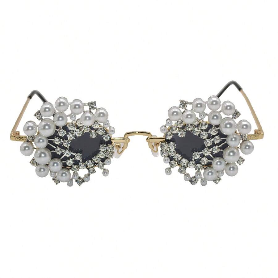 Pearl Sparkling  Irregular Circular  Niche High-End Sunscreen Glasses, Fashionable  Inlaid - trắng - Xem 1
