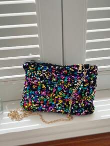 Bolso de hombro con rectángulo de lentejuelas brillantes, cierre de cremallera, correa ajustable, bolso de embrague pequeño personalizado y versátil - Multicolor - Ver 8