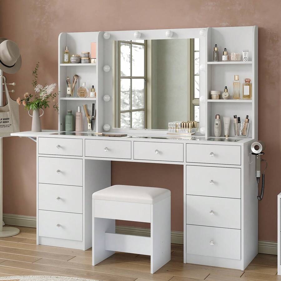 Yanosaku Vanity With Power Outlet, Vanity Desk With Mirror And 10 LED Lights, 10 Drawers Makeup Vanity With 6 Shelves, Fold-Up Panel, Vanity Table With Chair For Bedroom - Xem 1