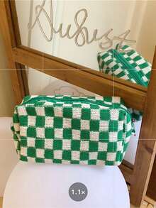 1pc Checkered Brown & Beige Octagonal Large Capacity Handheld Makeup Bag, Checkerboard Cosmetic Bag, Suitable For Wallet, Portable Zipper Makeup Pouch, Small Cosmetic Bag, Suitable For Travel Accessories, Coffee Color, Classic,Pouch,Makeup Pouch,Travel Essential - Multicolor - View 3
