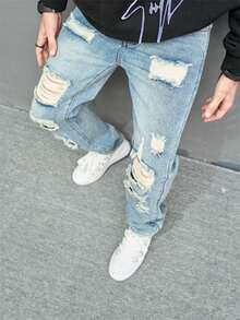 ‌Jeans azules de hombre con rotos y parches, estilo callejero americano - Azul - Ver 6