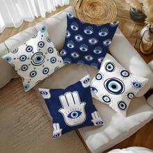 MEMNUN 4 Stücke mysteriöse marineblau bedruckte Kissenbezüge mit Augen- und Hamsa-Hand-Motiv (Kissenfüllung nicht enthalten), aus Pfirsich-Samt-Stoff, einseitig Muster, Größen: 45*45cm/50*50cm/40*40cm, Böser Blick dekorativer Kissenbezug für Sofa, Bett, Schlafzimmer, Büro, Hotel, ganzjährig, Geschenk - Verschiedenfarbig - Übersicht 7
