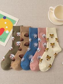 1/5双装女士狗狗图案趣味个性化中筒袜，春秋季 - 彩色 - 查看 2