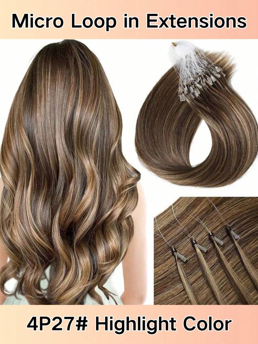 Micro Link Hair Extensions Human Hair Natural Black Color 18 Inch Micro Ring Human Hair Extension #18/613 Brown With Blonde 0.6g/Strand Beads Hair Extensions 30g Micro Loop Human Hair Extensions - S4/27 - 查看 1