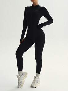 Women's Black Zipper Long Sleeve Jumpsuit, Sexy Jumpsuit, Skinny Jumpsuit, Women's Long Sleeve Jumpsuit, Black Jumpsuit, Women's Jumpsuit, Winter, Sexy, Ski Wear - Black - View 2