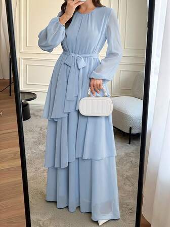 Vestido de mujer de unicolor con cuello redondo, manga farol, volantes multicapa en el bajo, vestido de gasa elegante para fiesta, playa, vacaciones, boda, cumpleaños, San Valentín, en color azul