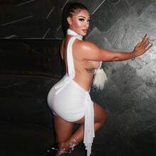 Street Fashion Women's Patchwork Backless Solid Color Bag Skirt With Straps, Asymmetrical Pleated Dress - trắng - Xem 3