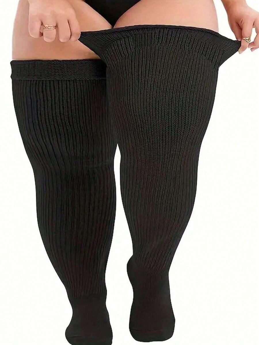 1 Pair Women's Plus Size Thigh-High Winter Socks (Black) - Thick Warm Ribbed Fabric, Super Stretchy (Fits 25-60cm Leg Circumference), Snug Cozy Fit, Fashion Versatile For Daily Casual Cold-Weather Outfits Valentine's Day It's The Perfect Gift For A Lover Or Significant Other. - Black - View 1