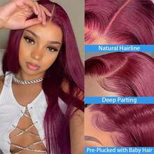 Uveous Burgundy Wig Human Hair 28inch 13x4 HD Transparent Lace Straight 99J Red Human Hair Wig Colored Reddish Brown Lace Frontal Wigs 200% Density Pre Plucked - S99J - 查看 4