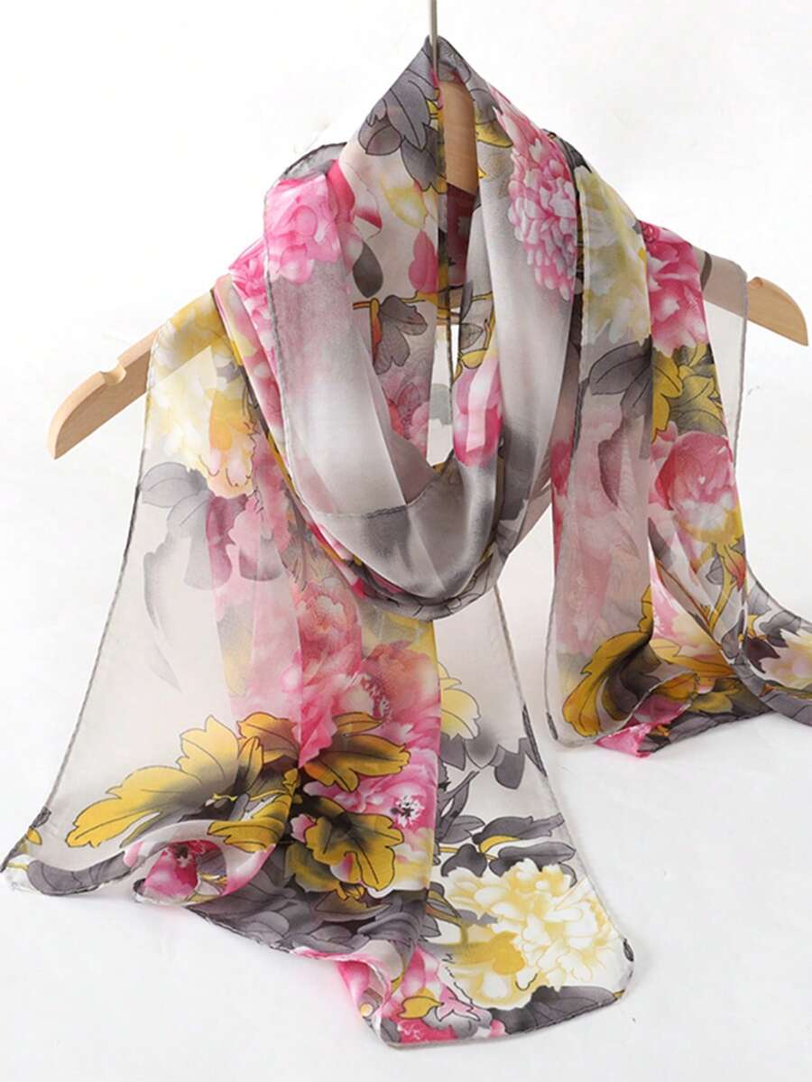 1PC Women's Spring/Summer Leisure Season Flower Printed Fashion Chiffon Scarf, Multi Functional Silk Scarf, Lightweight And Breathable