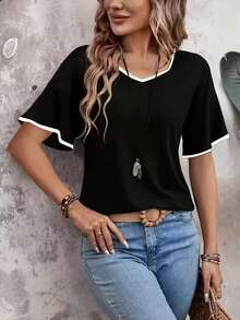 Áo thun dệt kim tay ngắn cỡ lớn dành cho nữ, cổ chữ V, viền trắng, độ co giãn vừa phải, dáng ôm. - màu đen - Xem 2