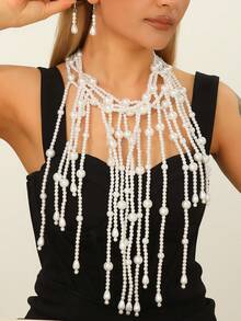 两件套夸张多层蒲公英手工串珠仿珍珠项链耳环套装，复古波西米亚风 - 白色 - 查看 1