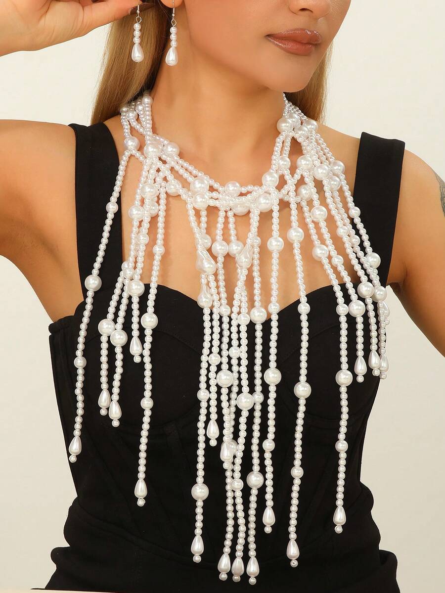 两件套夸张多层蒲公英手工串珠仿珍珠项链耳环套装，复古波西米亚风 - 白色 - 查看 1