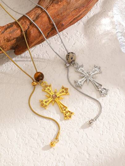 1件不锈钢镀金中世纪十字架设计项链，休闲优雅，适合送给朋友，也适合女性日常佩戴，出席派对和各种活动。