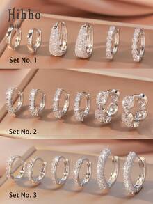 Hihho 6pcs/Set Luxury Zirconia Earring Set, Featuring Teardrop, Rhinestone Chain, Geometric Patchwork Designs, Minimalist Yet Sophisticated, Suitable For Commute, Work, And Light Social Occasions - Silver - View 5