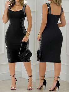 ChicMe Women Rhinestone Square Neck Sleeveless Zipper Design Bodycon Midi Dress Elegant Sexy Formal Cocktail Party Prom Evening Gown - Black - View 2