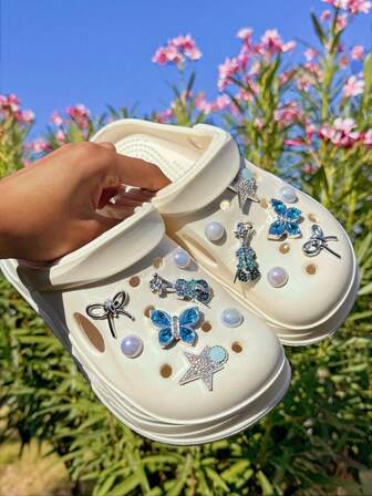 14pcs Cute Silver & Blue Rhinestone Butterfly, Violin, Star Shoe Decorations DIY Accessories - Fun, Versatile Personalized Shoe Embellishments, Perfect Gifts For Holidays, Parties & Special Occasions