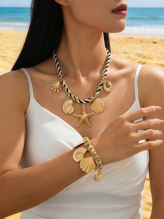 1pc Gold-Tone Fashion Personalized Versatile Dual-Color Knotted Bohemian Seashell Necklace, 1pc Gold-Tone Fashion Personalized Versatile Dual-Color Knotted Bohemian Seashell Bracelet, Women Jewelry Set, Suitable For Vacation, Daily Wear, Festivals