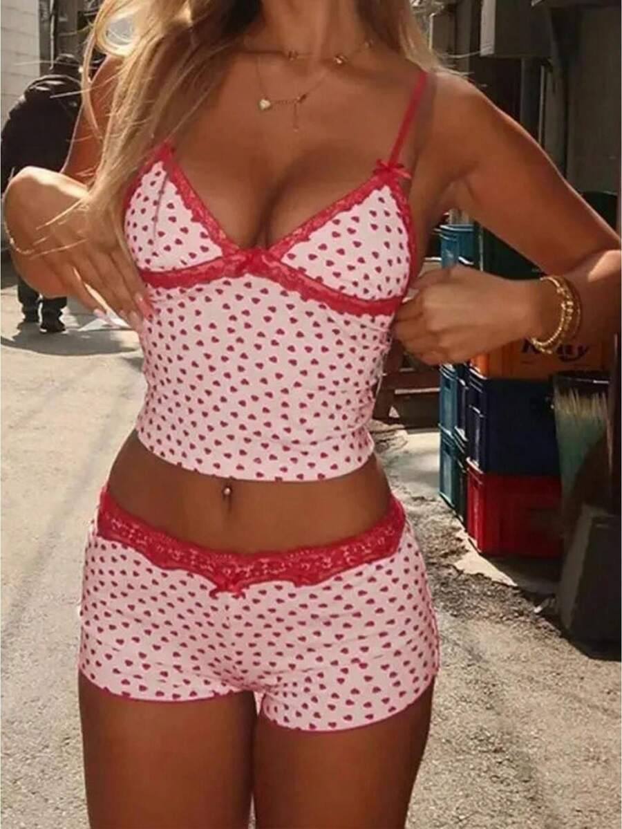 Women Y2k 2 Piece Heart Print Lace Shorts Set Sleeveless V Neck Cami Top With Shorts Pajamas Sets Sleepwear - 粉色 - 查看 1
