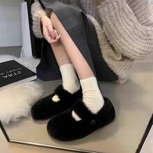 女士黑色毛绒拖鞋，保暖内衬家居鞋，舒适假日居家拖鞋 - 黑色 - 查看 5