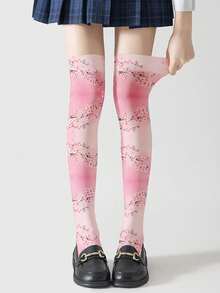 Floating Youth Peach Blossom Pattern Thigh High Stockings - Multicolor - View 4
