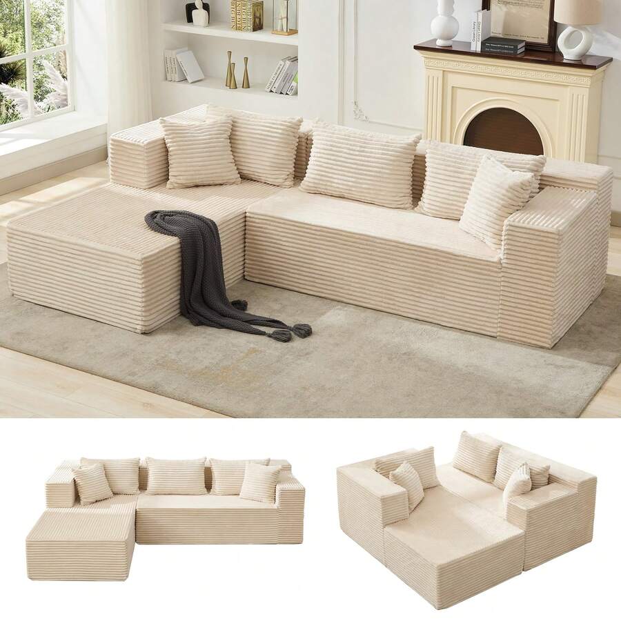 Techigher Modular Sectional Sofa, Modern Corduroy Couches With L-Shape Chaise For Living Room Bedroom (Left Facing Chaise)