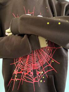 Men's Hip Hop Oversized Spider Web Pattern Graphic Alphabet Print Harajuku Vintage Hoodie Long Sleeve Street Wear Top For Both Men And Women Big Size Hoodies - 棕色 - 查看 3