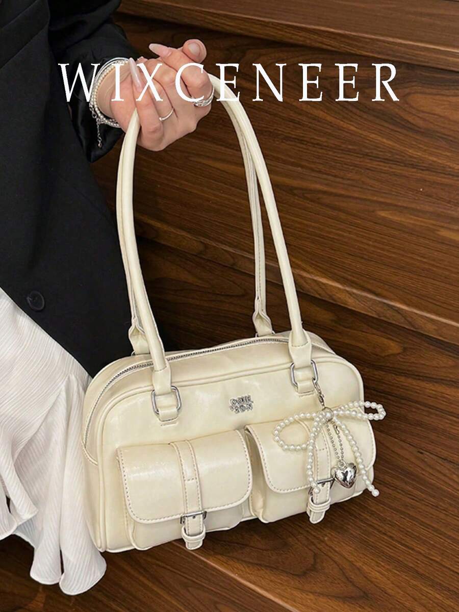 Women's Retro Solid Color PU Leather Shoulder Bag, Multi-Pocket Large Capacity, Comes With Detachable Pendant