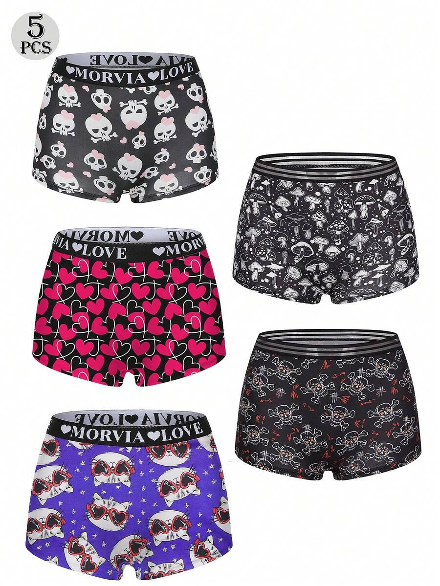 Dircho 5条装女士日常平角内裤 & 柔软舒适内裤 & 骷髅心形蘑菇猫图案三角裤 & 弹性腰带贴身内衣 - 彩色 - 查看 1