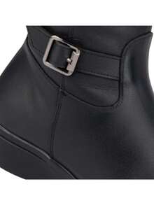 Bota alta para mujer cómoda punta redonda con hebilla tacón bajo estilo minimalista para oficina y diario - Negro - Ver 4