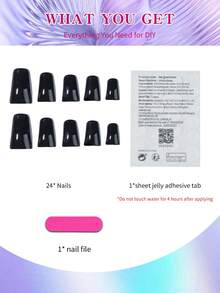 24片长款尖头黑色美甲贴纸，轻松变换美甲风格。这款易于使用的可移除美甲贴纸套装包含1个指甲锉和1瓶凝胶，适合女性和女孩日常使用。 - 黑色 - 查看 2