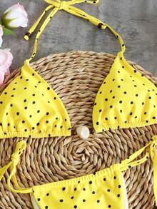 Bộ đồ bơi nữ mùa xuân/hè mới, kiểu dáng giản dị, gợi cảm, thanh lịch, họa tiết chấm bi vàng, buộc dây cổ, thích hợp cho đi biển, kỳ nghỉ, hẹn hò, tiệc tùng. - Nhiều màu - Xem 4