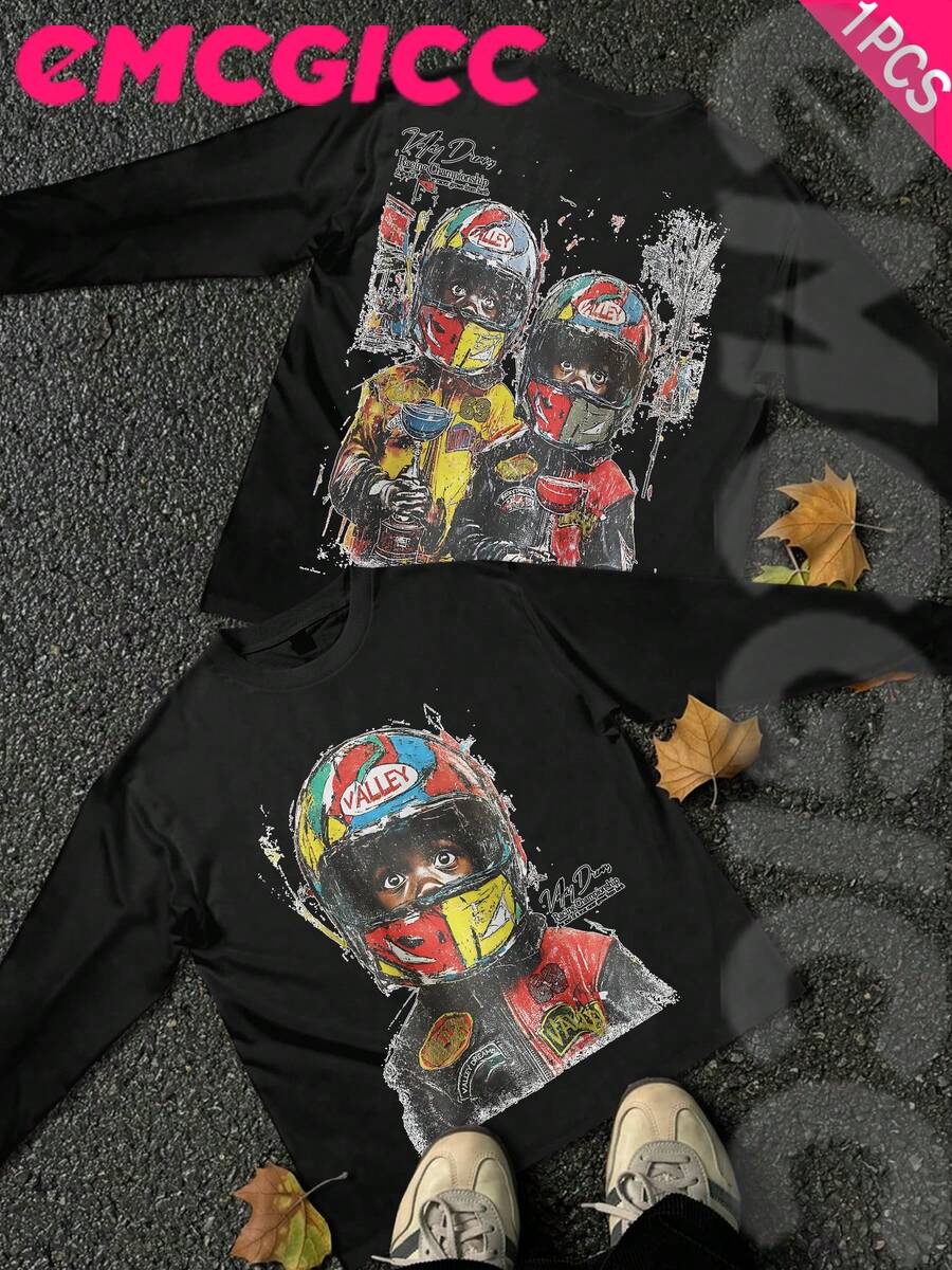 EMCGICC Y2k Long Sleeve Shirt, Urban Art Punk Graphic T-Shirt Cotton 250g, Preppy Lettering Fashion Hip Hop Men's Long Sleeve T-Shirt, Fun Vintage Shirt, Regular Fit, Wild Bloom Street Style, Digital Print, Ideal Gift - màu đen - Xem 1