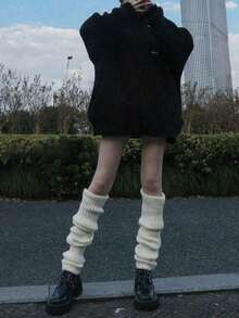 1 Pair Women Solid Color Vertical Striped Warm Decorative Cute Leg Warmers, Suitable For Spring, Autumn And Winter - trắng - Xem 6