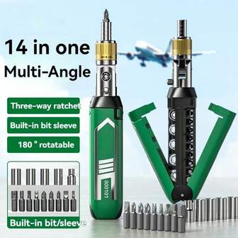 Juego de destornillador de trinquete multiusos de 14 en 1 - Trinquete de 3 vías (avance/retroceso/bloqueo), portabrocas magnético giratorio a 180°, brocas hexagonales/Torx para mecánicos y entusiastas del bricolaje