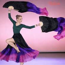 1对（左+右）女士人造丝肚皮舞扇面纱，长度180厘米，肚皮舞仿扇，折叠扇，加长扇，舞蹈长竹制人造丝扇 - 黑紫紅漸變 - 查看 10