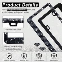 [Free Shipping]Bling License Plate Frame For Women, 2Pack Rhinestone Handcrafted Crystal Premium Stainless Steel, Stainless Steel Car Accessories With Diamond Sparkle Glitter Caps (Black),2pc,Black - Black - 查看 4