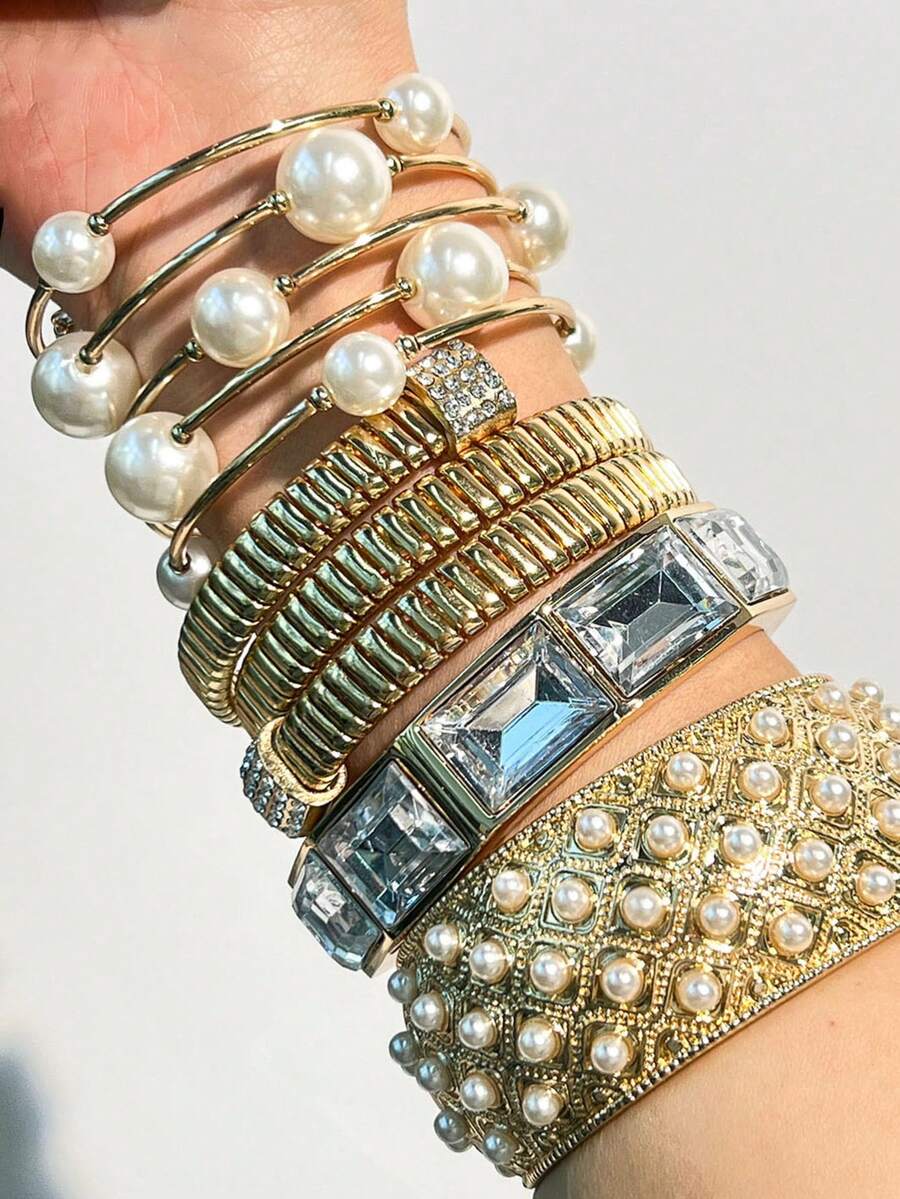 1pc Multi-Element Punk Silver Geometric Beaded Bracelet, With Elastic Stretch Design Street Hip-Hop Fashion Bangle, Women Jewelry Gift - Multicolor a - View 1