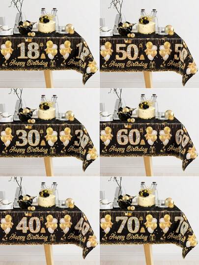 1/3件装黑色金色生日桌布，适用于18岁、30岁、40岁、50岁、60岁、70岁生日，生日快乐桌布，生日气球闪光桌布，生日派对装饰桌旗，生日快乐装饰品，周年纪念装饰品